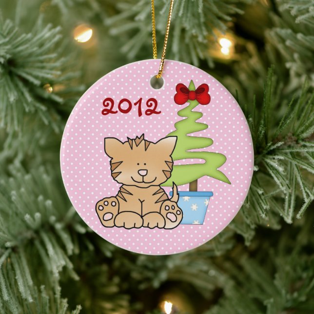 Personalized Cute Cat and Christmas Tree on Pink Ceramic Ornament (Tree)