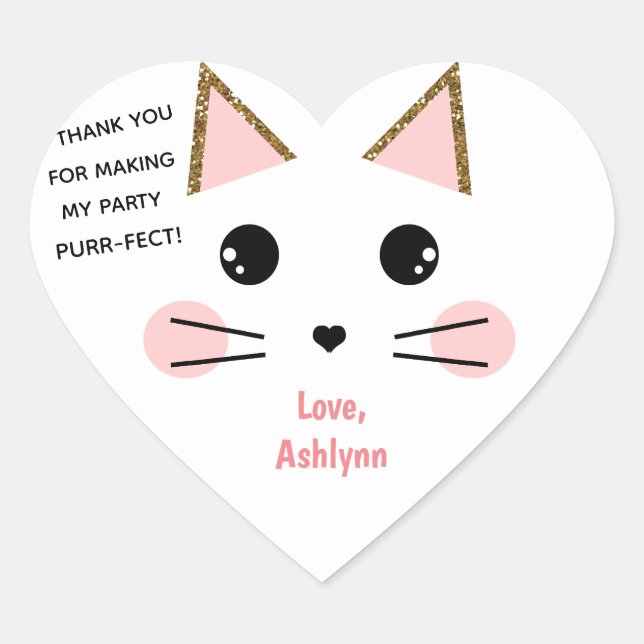 Personalized Cute Cat Birthday Favour Heart Sticker (Front)