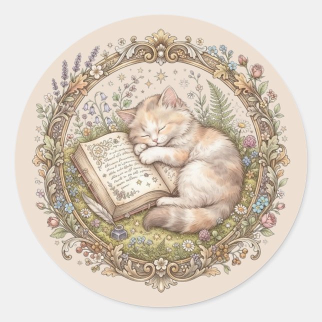 Personalized Cute Cat Bookplate Classic Round Sticker (Front)