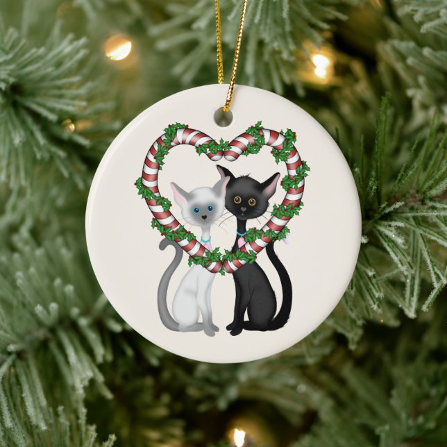 Personalized Cute Cat Couple and Candy Cane Wreath Ceramic Ornament (Tree)
