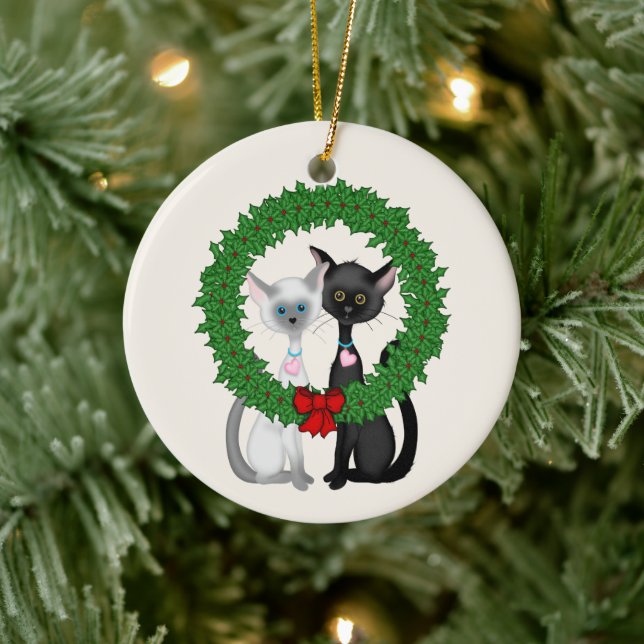 Personalized Cute Cat Couple and Wreath Christmas Ceramic Ornament (Tree)