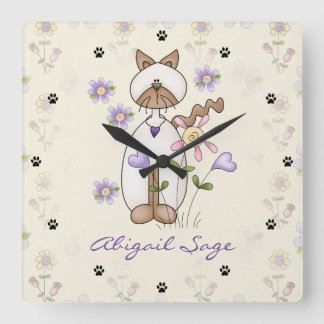 Personalized Cute Cat, Flowers and Paw Prints Square Wall Clock