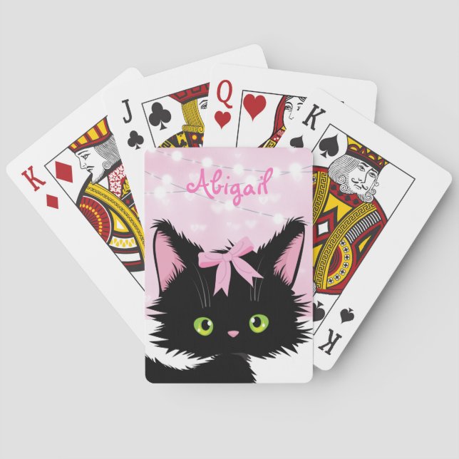 Personalized Cute Cat Pink and White Kitten Playing Cards (Back)