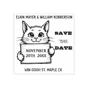 Personalized Cute Cat Save the DateWood Art Stamp