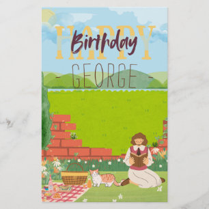 Personalized Cute Cat-tage Picnic Birthday Wishes Stationery