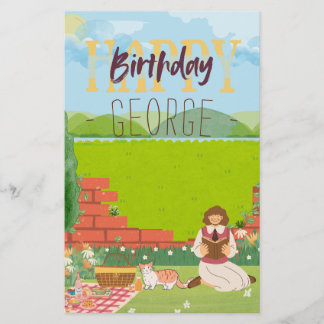 Personalized Cute Cat-tage Picnic Birthday Wishes Stationery
