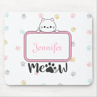 Personalized Cute Cat with Name and Paw Prints Mouse Pad