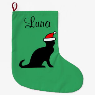 Personalized cute cat with Santa hat pet animal Large Christmas Stocking