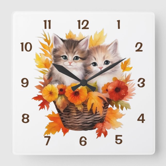 Personalized Cute Cats in Basket Square Wall Clock (Front)