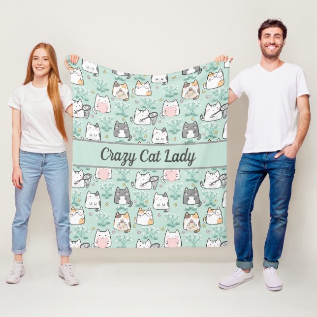 Personalized Cute Cats Mint Green Grey Pink  Fleece Blanket (In Situ)