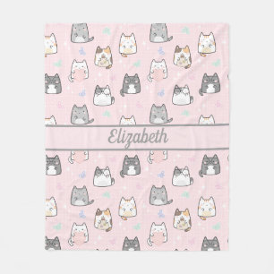 Personalized Cute Cats Whimsical Grey Pink  Fleece Blanket