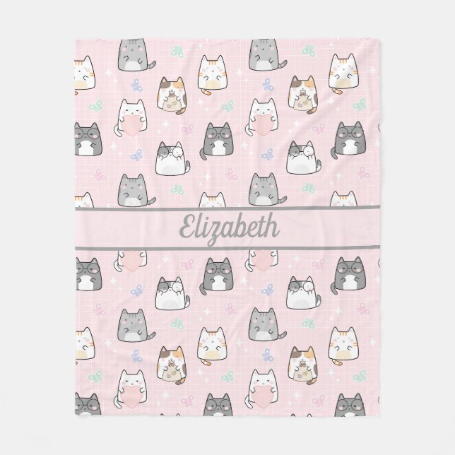 Personalized Cute Cats Whimsical Grey Pink  Fleece Blanket (Front)