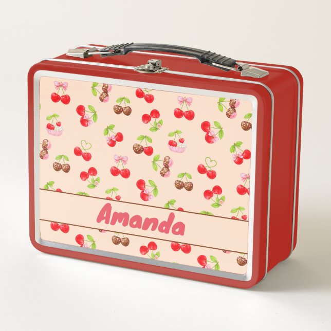 Personalized Cute Cherry Dessert Pattern Name  Metal Lunch Box (Front)