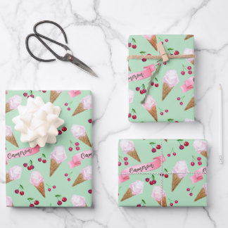 Personalized Cute Cherry Ice Cream Cool Mint Green Wrapping Paper Sheet