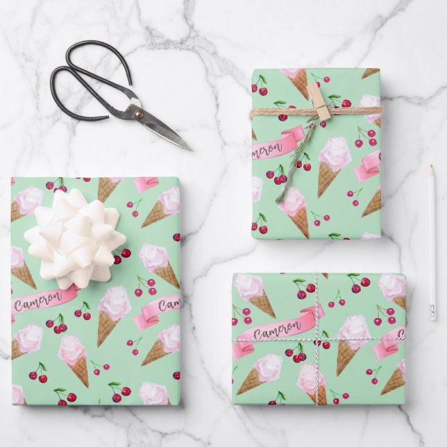 Personalized Cute Cherry Ice Cream Cool Mint Green Wrapping Paper Sheet (Front)