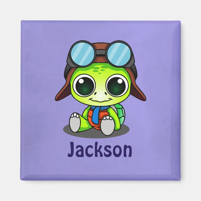 Personalized Cute Chibi Turtle in Aviator Hat Magnet (Front)