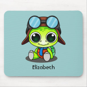 Personalized Cute Chibi Turtle in Aviator Hat Mouse Pad