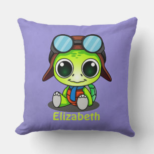 Personalized Cute Chibi Turtle in Aviator Hat Throw Pillow