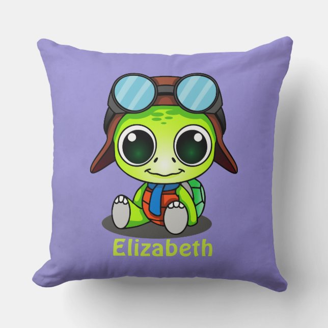 Personalized Cute Chibi Turtle in Aviator Hat Throw Pillow (Front)