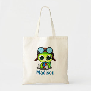 Personalized Cute Chibi Turtle in Aviator Hat Tote Bag