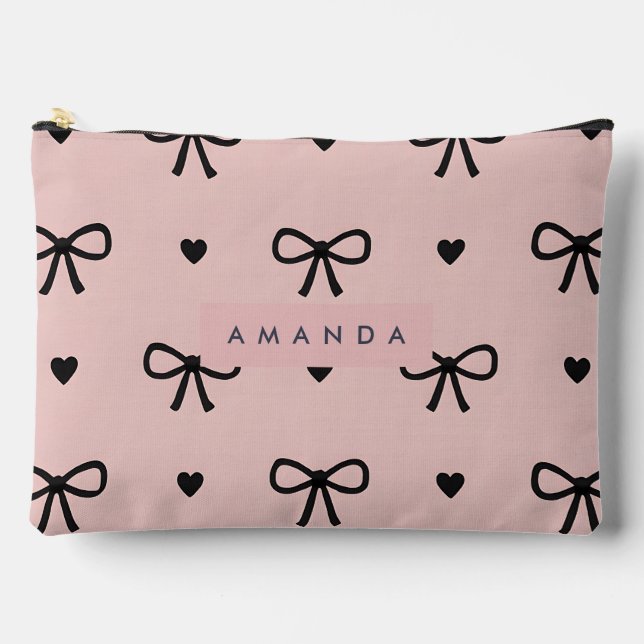Personalized Cute Chic Pink Bow & Heart Pattern Accessory Pouch (Front)