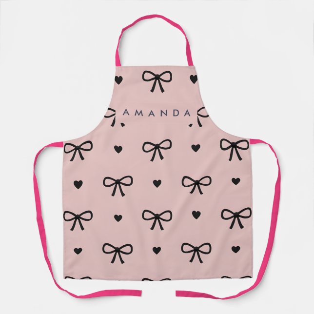 Personalized Cute Chic Pink Bow & Heart Pattern Apron (Front)