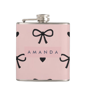 Personalized Cute Chic Pink Bow & Heart Pattern Hip Flask