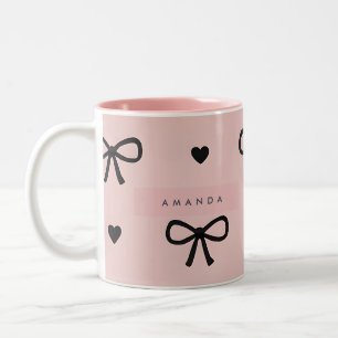 Personalized Cute Chic Pink Bow & Heart Pattern Two-Tone Coffee Mug