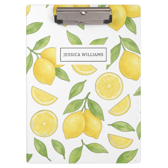 Personalized Cute Chic Watercolor Lemon Pattern  Clipboard (Front)
