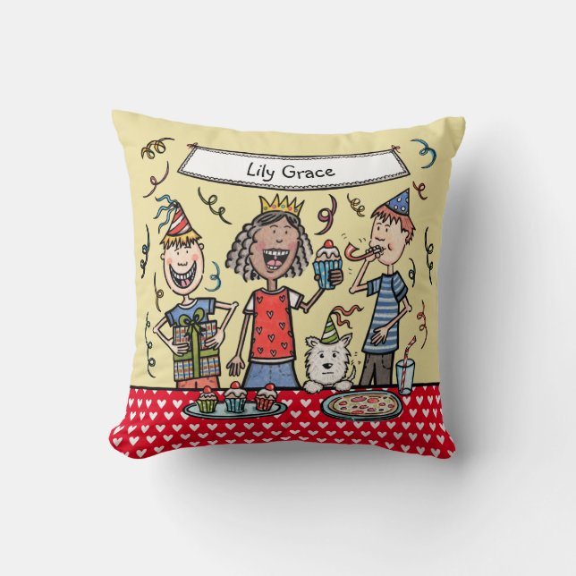 Personalized Cute Children's Party Illustration Throw Pillow (Front)