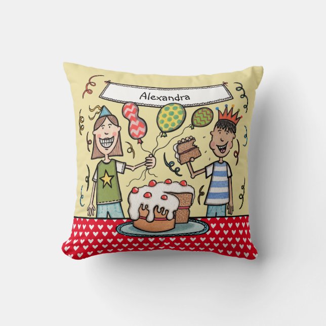 Personalized Cute Children's Party Illustration Throw Pillow (Front)