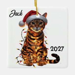 Personalized Cute Christmas Bengal Cat  Ceramic Ornament