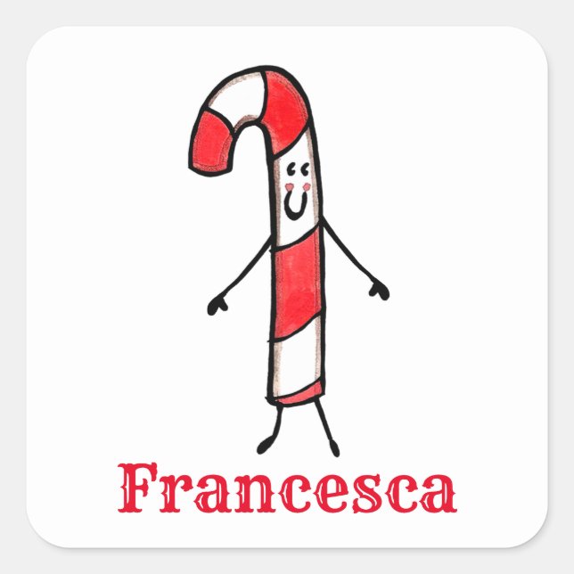 Personalized Cute Christmas Candy Cane Square Sticker (Front)