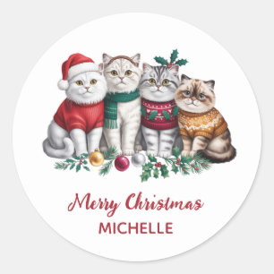 Personalized Cute Christmas Cat Cats Holiday       Classic Round Sticker
