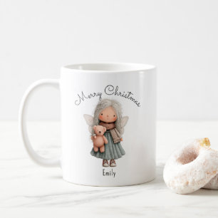 Personalized Cute Christmas Fairy Girl and Teddy   Coffee Mug