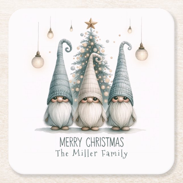 Personalized Cute Christmas Gnome Family Holiday Square Paper Coaster (Front)