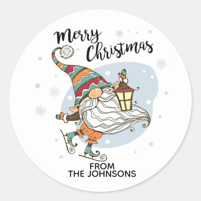 Personalized Cute Christmas Gnome Ice Skating Clas Classic Round Sticker (Front)