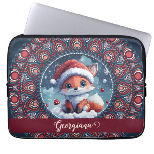 Personalized Cute Christmas Kawaii Fox Dot Mandala Laptop Sleeve
