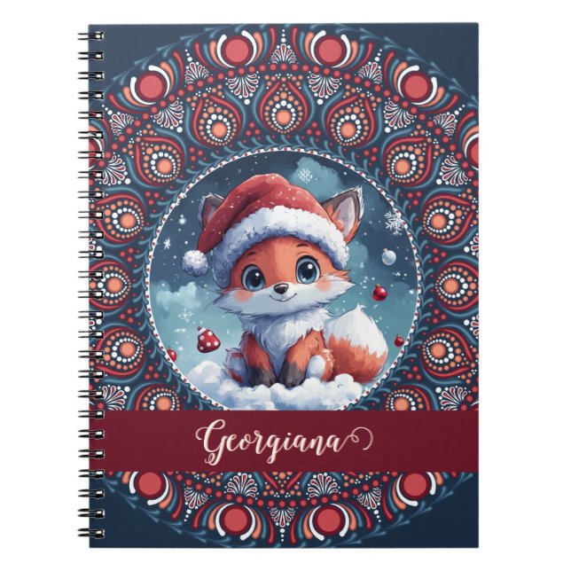 Personalized Cute Christmas Kawaii Fox Dot Mandala Notebook (Front)