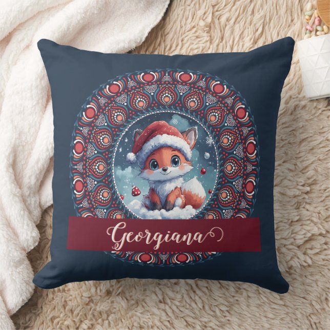Personalized Cute Christmas Kawaii Fox Dot Mandala Throw Pillow (Blanket)