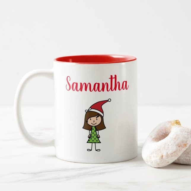 Personalized Cute Christmas Kids Hot Chocolate Two-Tone Coffee Mug (With Donut)