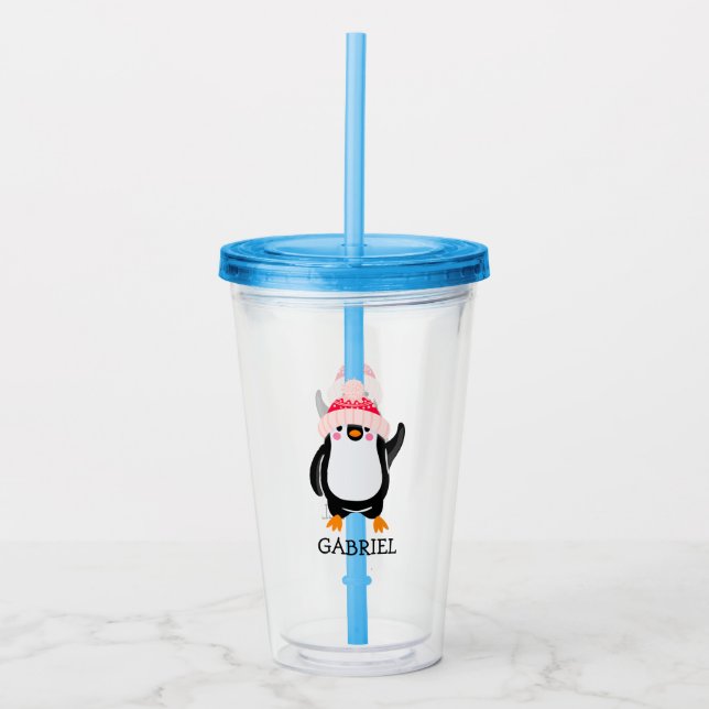 Personalized Cute Christmas Penguin in Red Hat  Acrylic Tumbler (Front)