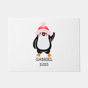 Personalized Cute Christmas Penguin in Red Hat  Doormat