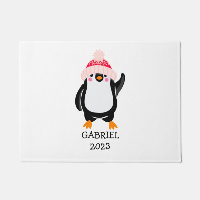 Personalized Cute Christmas Penguin in Red Hat  Doormat (Front)
