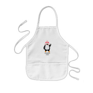 Personalized Cute Christmas Penguin in Red Hat Kids Apron