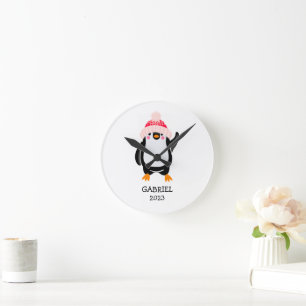 Personalized Cute Christmas Penguin in Red Hat Round Clock