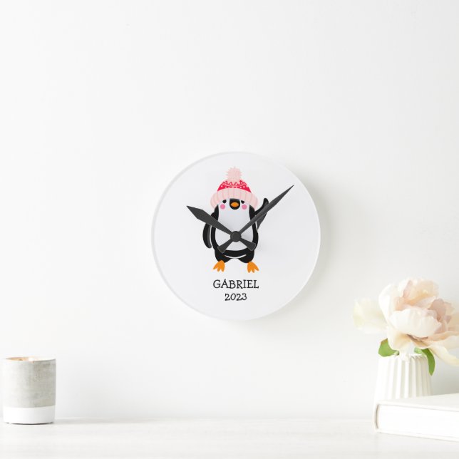Personalized Cute Christmas Penguin in Red Hat  Round Clock (Home)