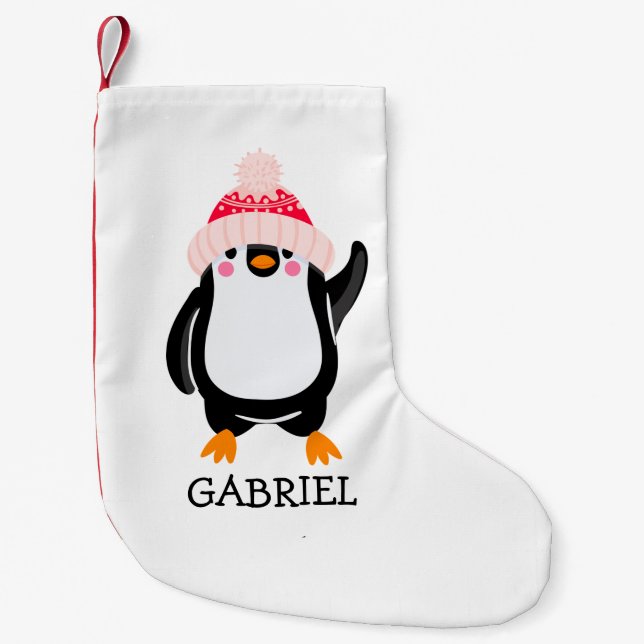 Personalized Cute Christmas Penguin in Red Hat  Small Christmas Stocking (Front)