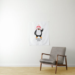 Personalized Cute Christmas Penguin in Red Hat  Tapestry