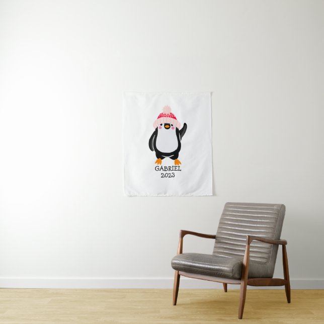 Personalized Cute Christmas Penguin in Red Hat  Tapestry (In Situ)